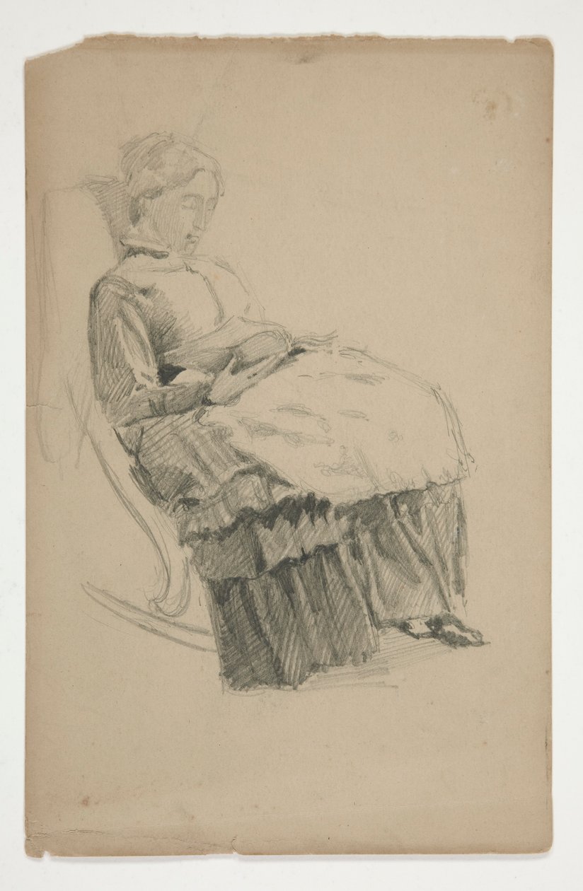 Studie van een oudere vrouw in schommelstoel, lezend door Edwin Austin Abbey
