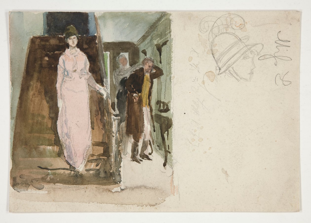 Studie van een Interieur: Koppel Bereidt zich voor om te Vertrekken voor de Avond door Edwin Austin Abbey