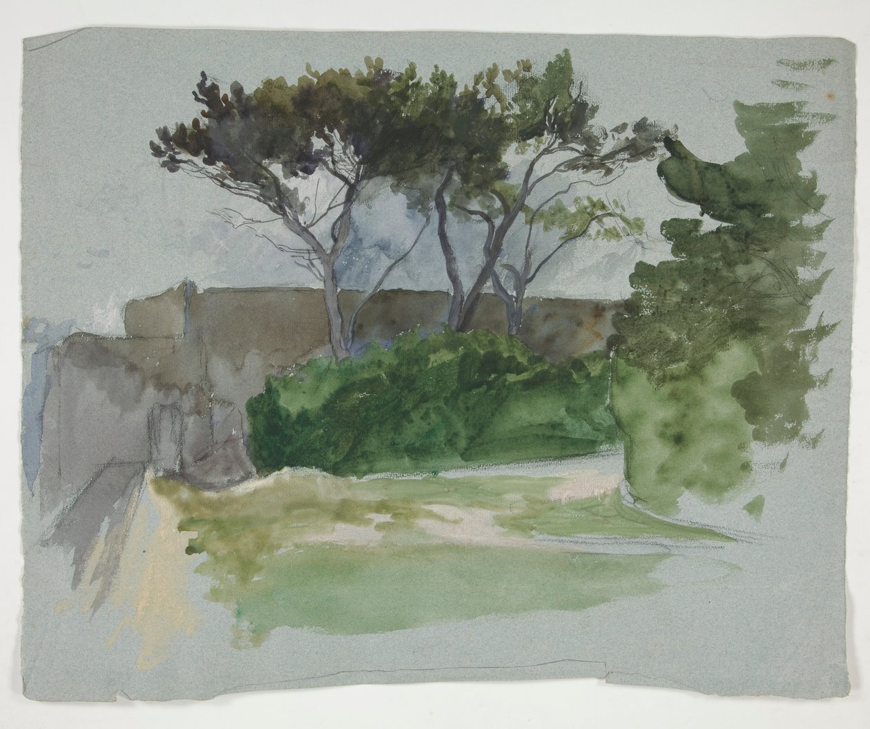 Studie van landschap met bomen en stenen muur door Edwin Austin Abbey
