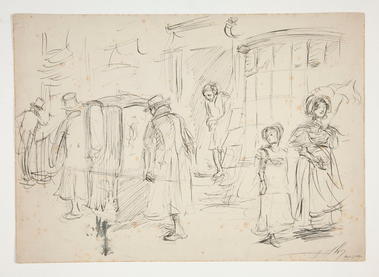 Studie van een straatscène met draagstoel door Edwin Austin Abbey