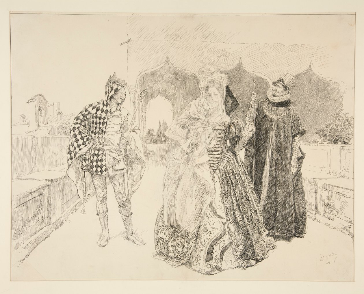 De Clown en Malvolio, illustratie voor Act I, Scene v, Twelfth Night door Edwin Austin Abbey