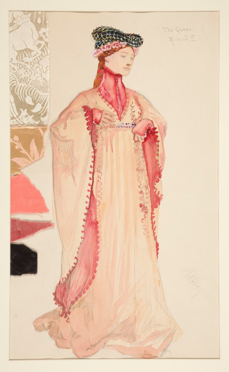 De Koningin (in roze), kostuumschets voor Henry Irving door Edwin Austin Abbey