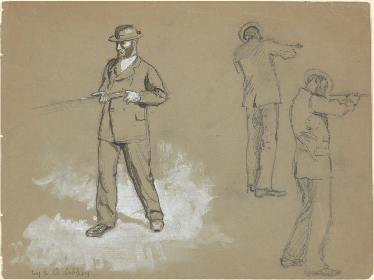 Drie schetsen van een man met een geweer (recto); Figurenstudies en portret van A. S. Wina (?) (verso) door Edwin Austin Abbey
