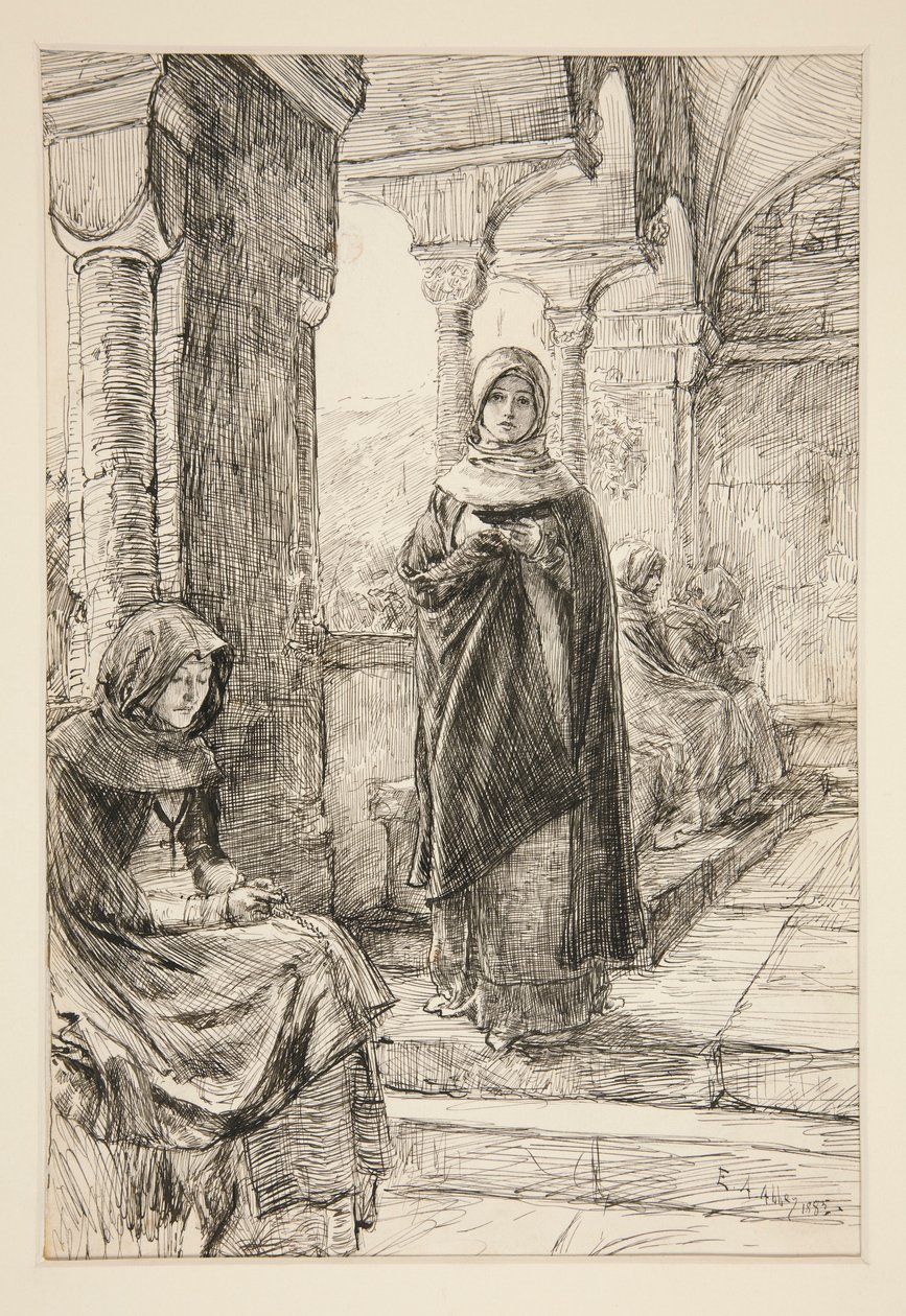 Twee vrouwelijke figuren in klooster, uit Het Klooster door Edwin Austin Abbey