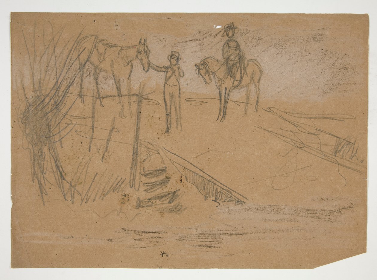 Twee mannen en twee paarden in een landschap - niet-geïdentificeerde illustratie door Edwin Austin Abbey