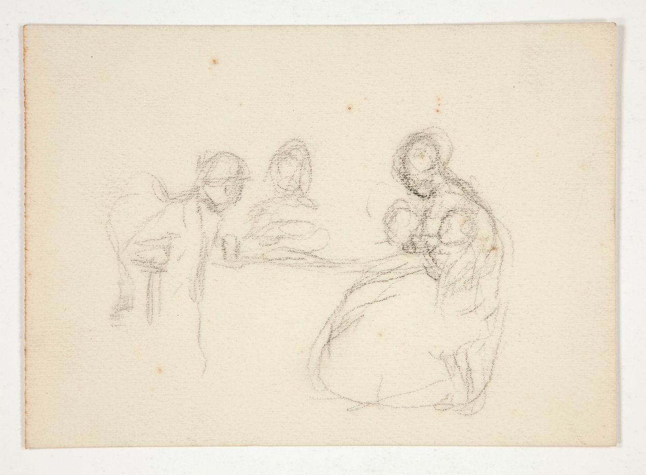 Ongedefinieerde illustratie - Studie van figuren aan een tafel. Zittende man op de achterkant. door Edwin Austin Abbey