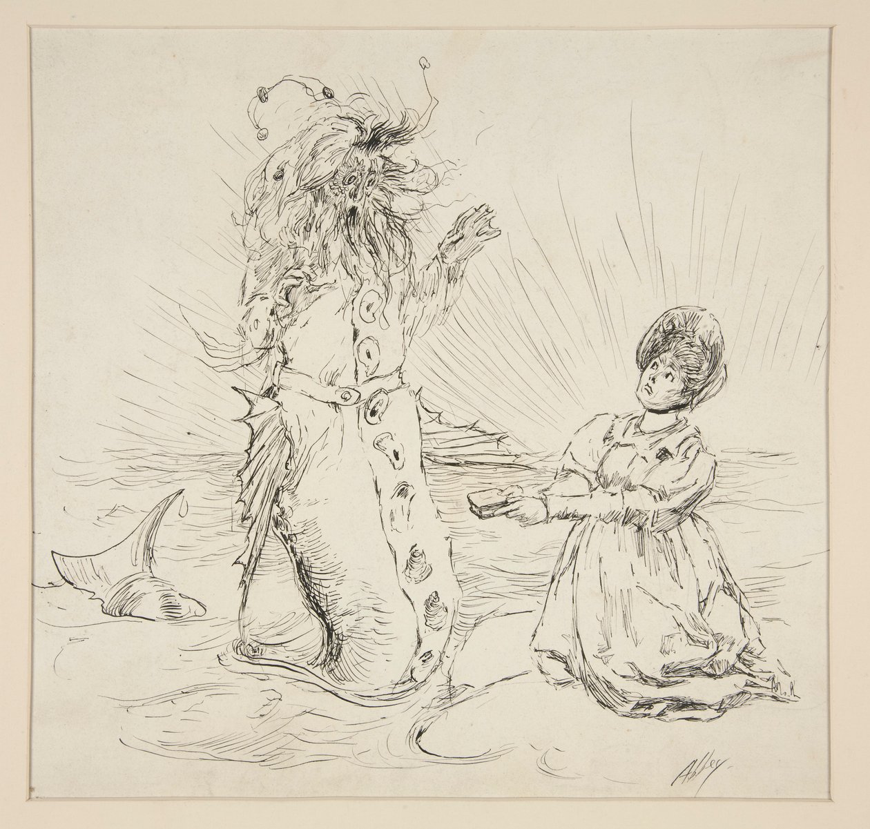 Vrouw en slang op het strand, schets voor The Lay of the Lobster door Edwin Austin Abbey