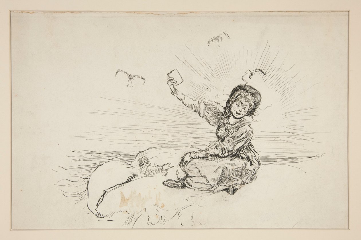 Vrouw op strand met boek, schets voor The Lay of the Lobster door Edwin Austin Abbey