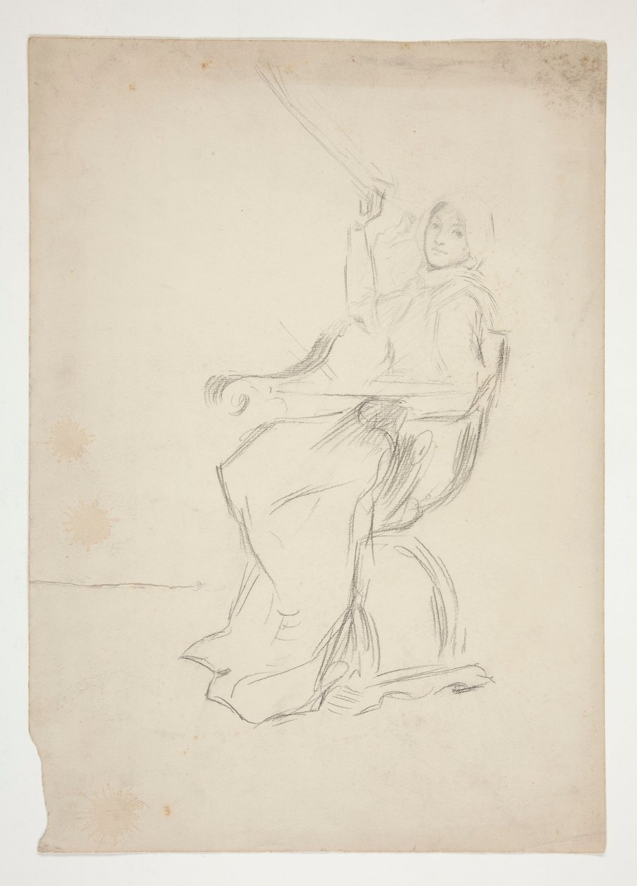 Zittende vrouw in stoel (recto); Twee niet-geïdentificeerde architecturale schetsen (verso) door Edwin Austin Abbey