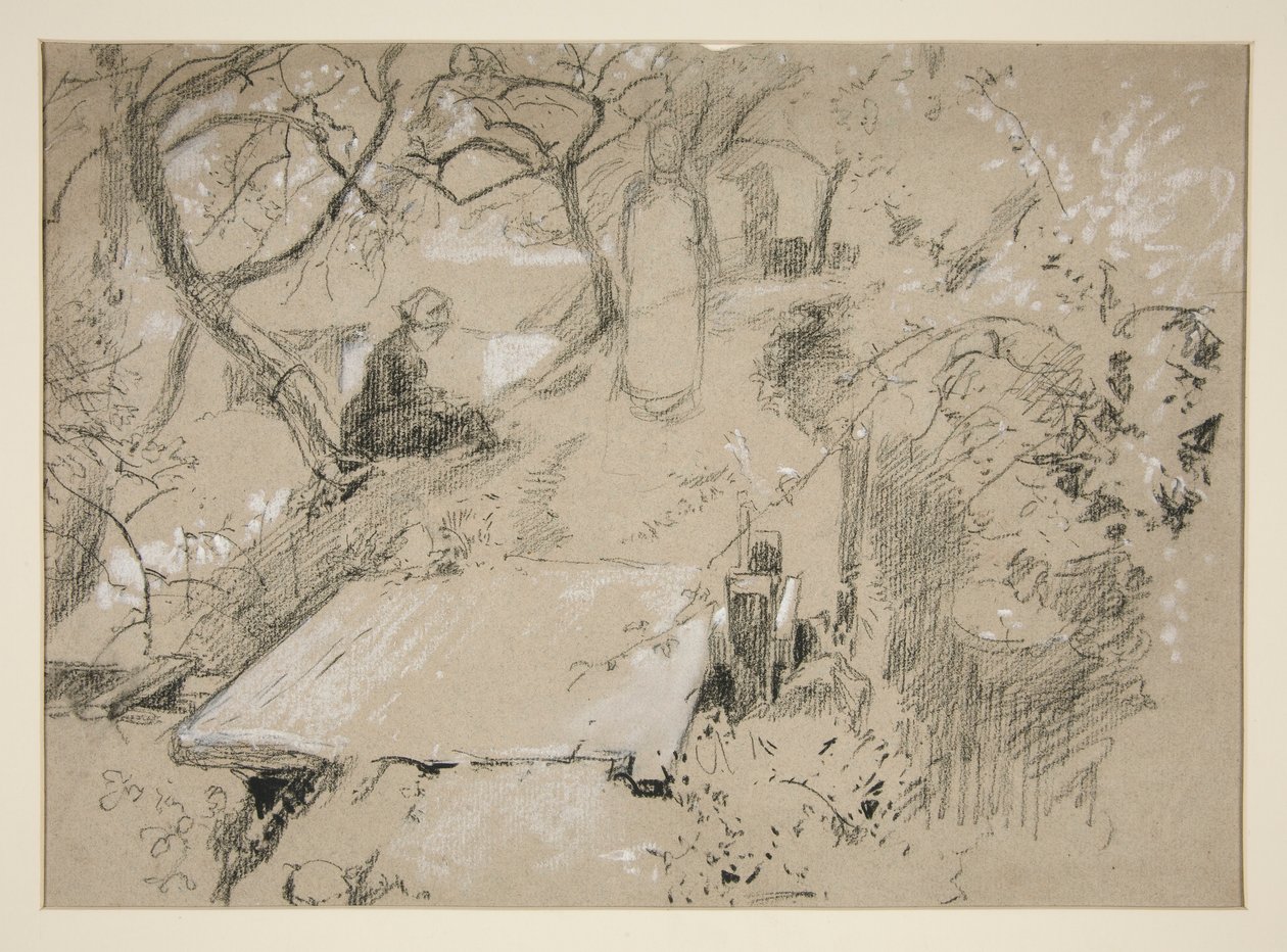 Zittende Vrouw op een Bank in een Tuin of Openbaar Park - Ongeïdentificeerde Illustratie door Edwin Austin Abbey