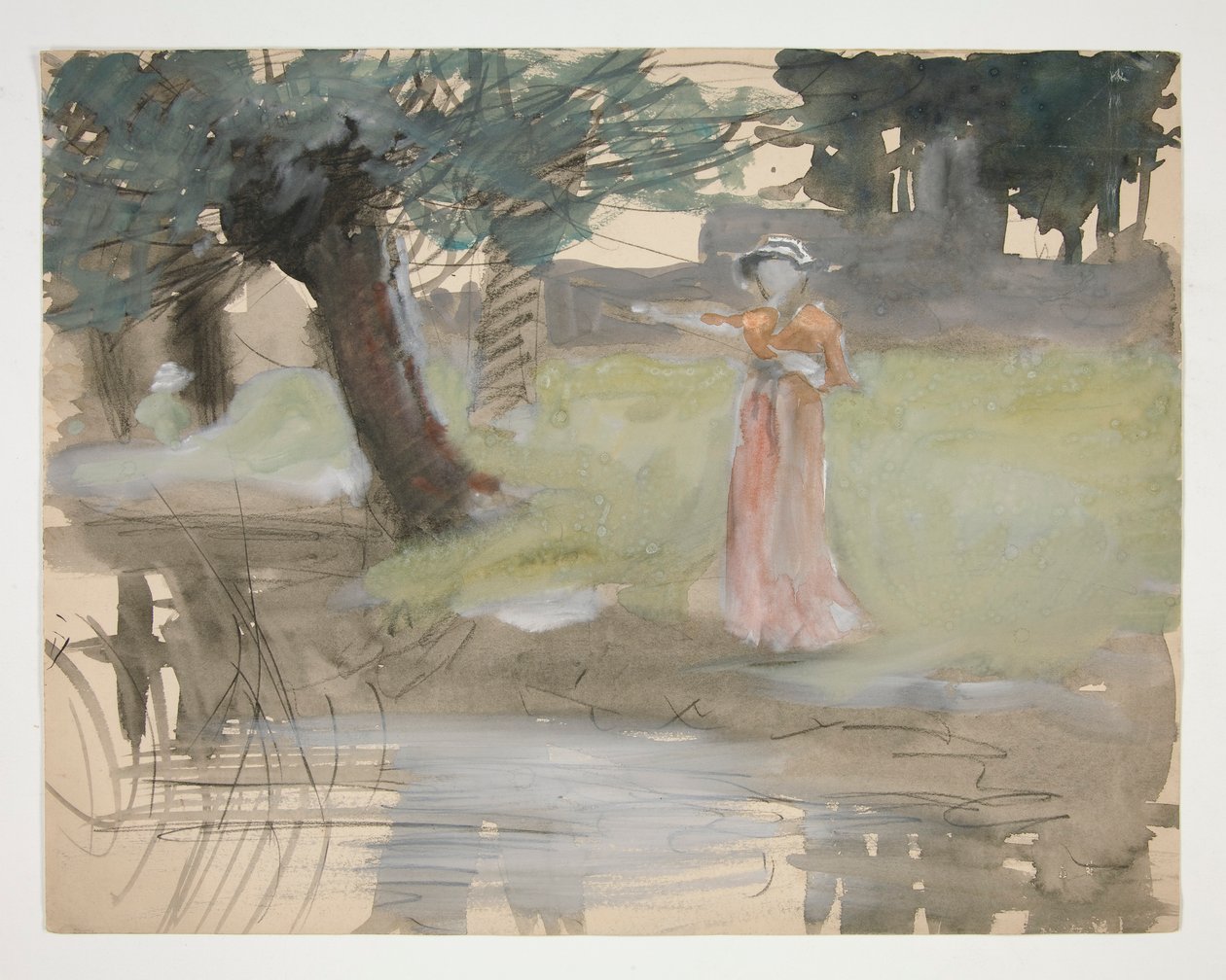 Vrouw staand bij een rivier - niet-geïdentificeerde illustratie door Edwin Austin Abbey