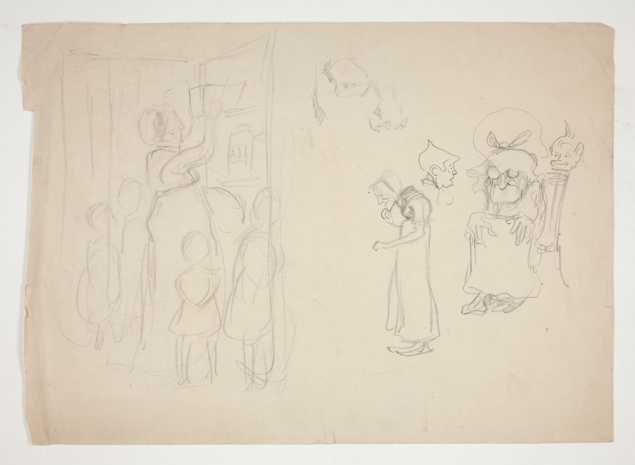 Vrouw met kinderen en cartoon - niet-geïdentificeerde illustratie door Edwin Austin Abbey