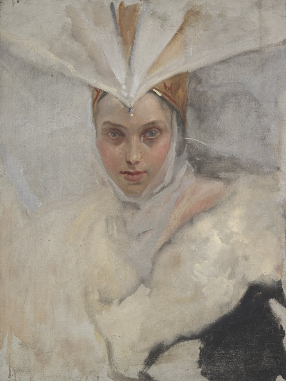 Vrouw met Visarend Hoofdband en Witte Bontkraag door Edwin Austin Abbey