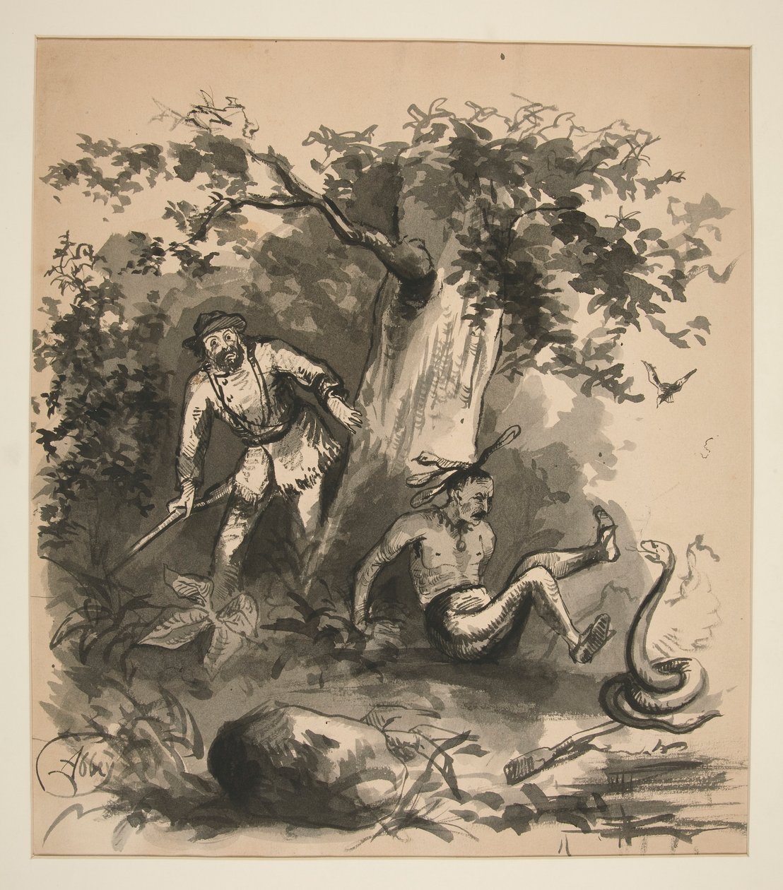 Boslandschap van een jager, een Indiaan en een slang - niet geïdentificeerde illustratie door Edwin Austin Abbey