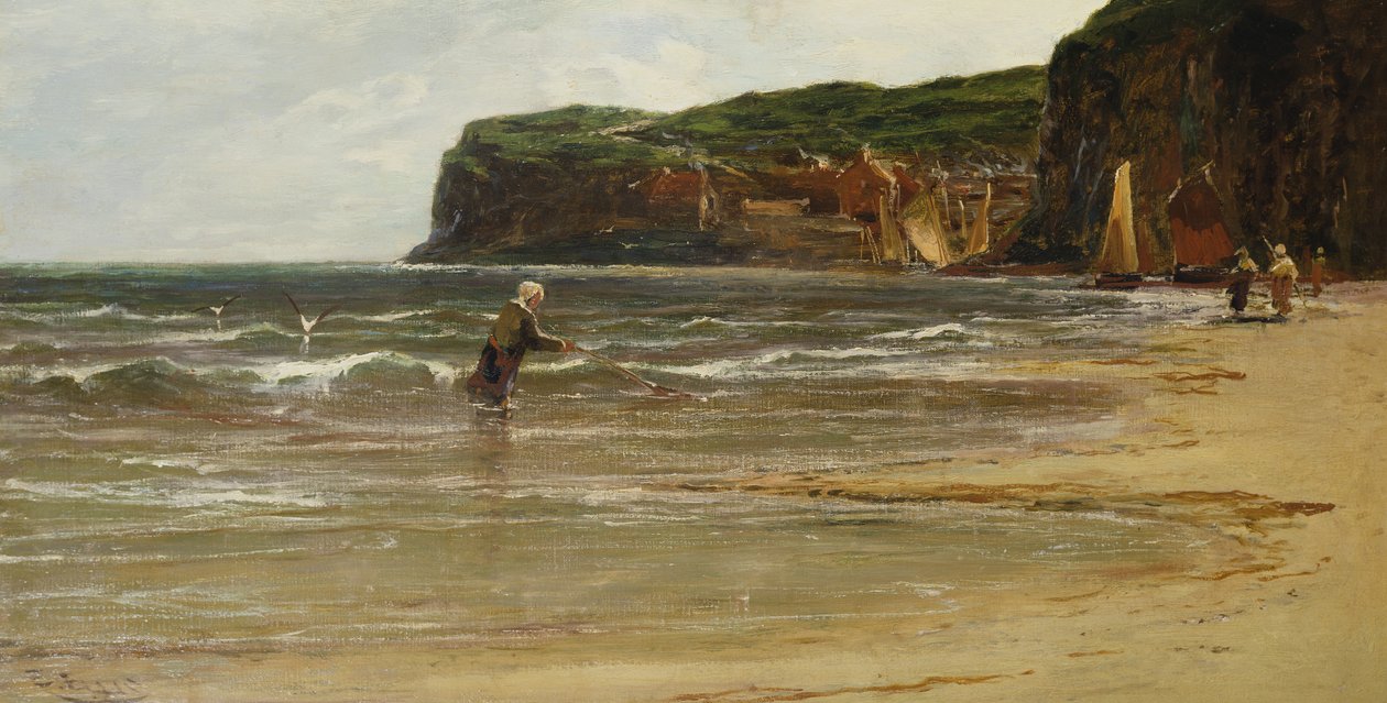 Kustzicht met vrouw die garnalen vangt, ca.1900 door Edwin Ellis
