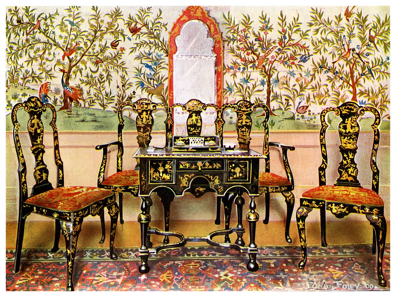 Zwarte lak bank, stoelen en tafel en rode lak spiegel, 1910 door Edwin Foley