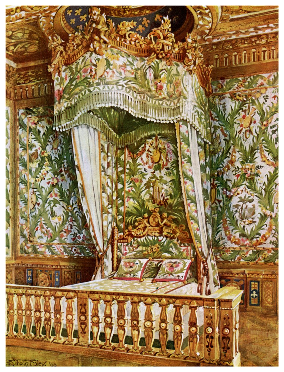 Vergulde staatsbed van Marie Antoinette, Koninginnenkamer, Palais de Fontainebleau, Frankrijk, 1911-1912 door Edwin Foley
