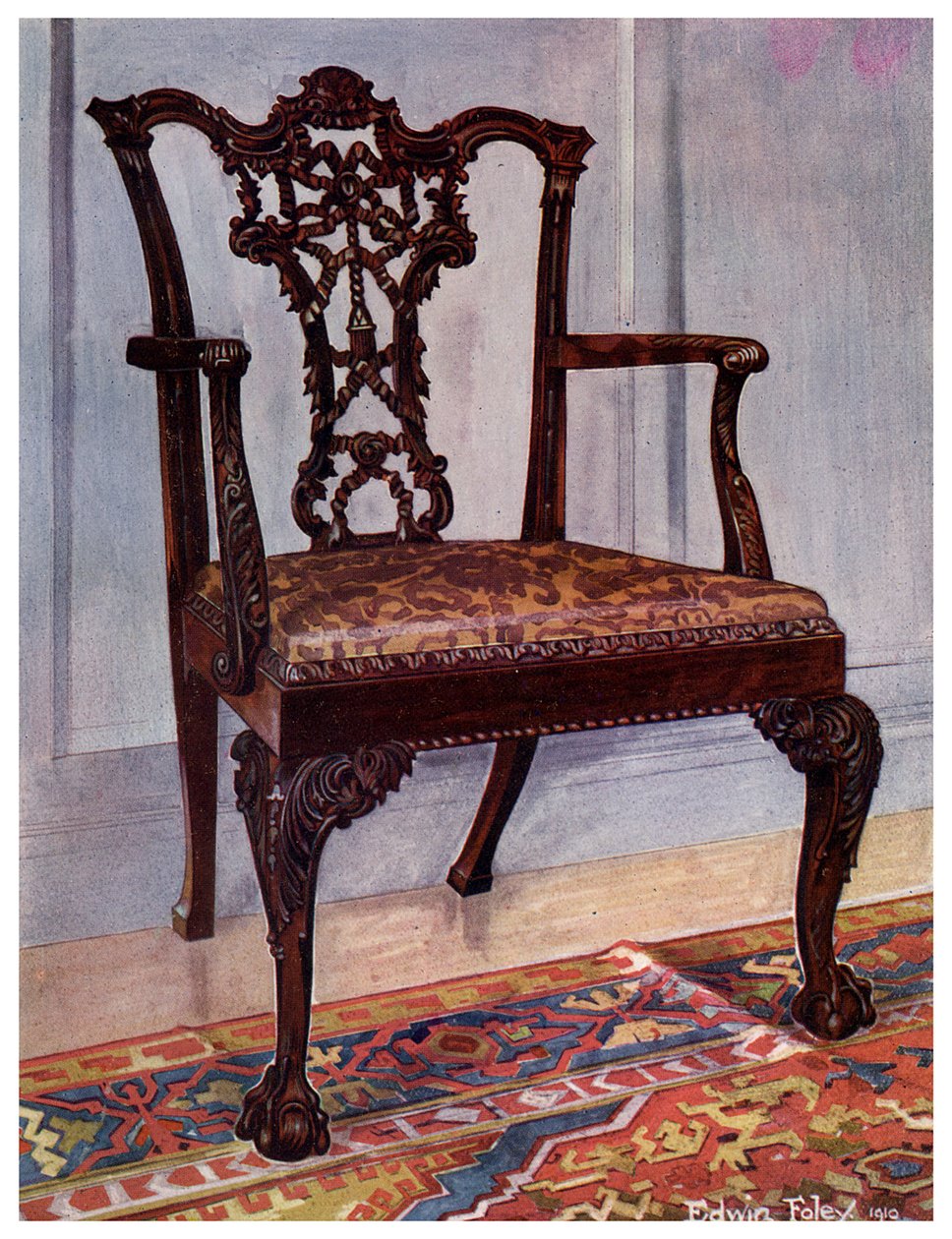 Mahoniehouten armstoel, stijl van Chippendale, 1911-1912 door Edwin Foley