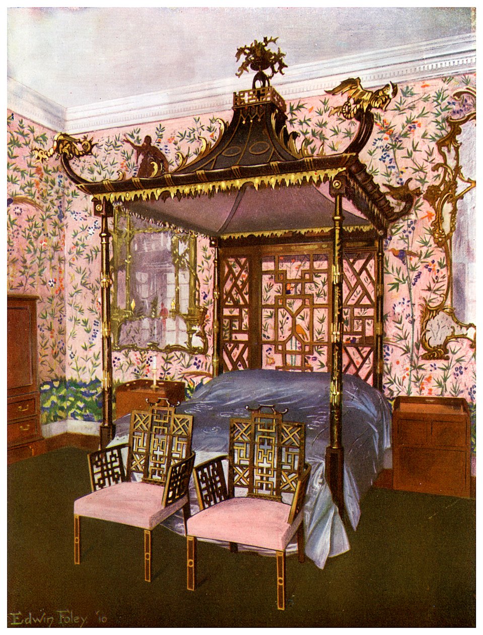 De Chippendale Chinese slaapkamer, Badminton House, Gloucestershire, 1911-1912 door Edwin Foley