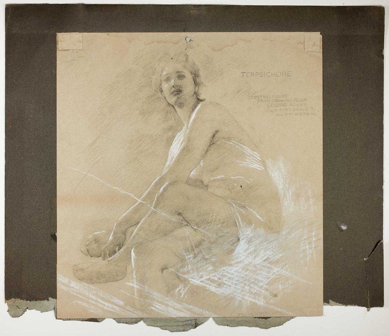 Terpsichore (recto), en dansende vrouwelijke figuur (verso), muurschilderingstudies voor plafond van de salon, residentie van Collis P. Huntington, nu Yale University Art Gallery door Edwin Howland Blashfield