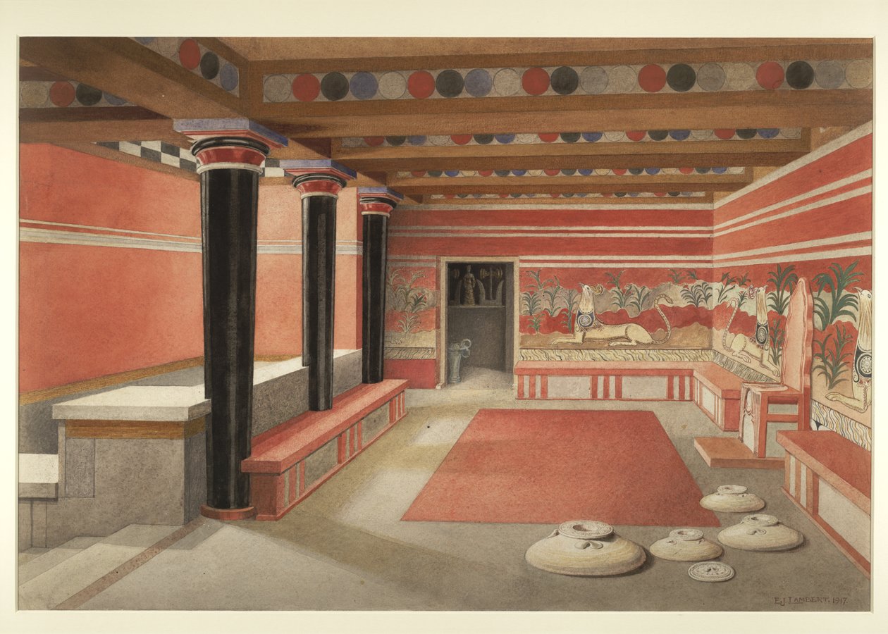 Schilderij van de herbeeldden Troonzaal van het Paleis van Minos in Knossos door Edwin J. Lambert