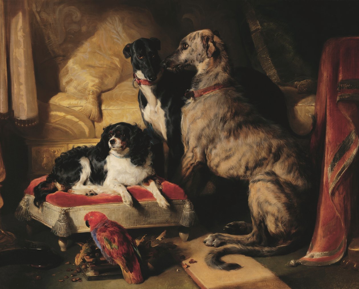 Hector, Nero en Dash met de papegaai Lory door Edwin Landseer