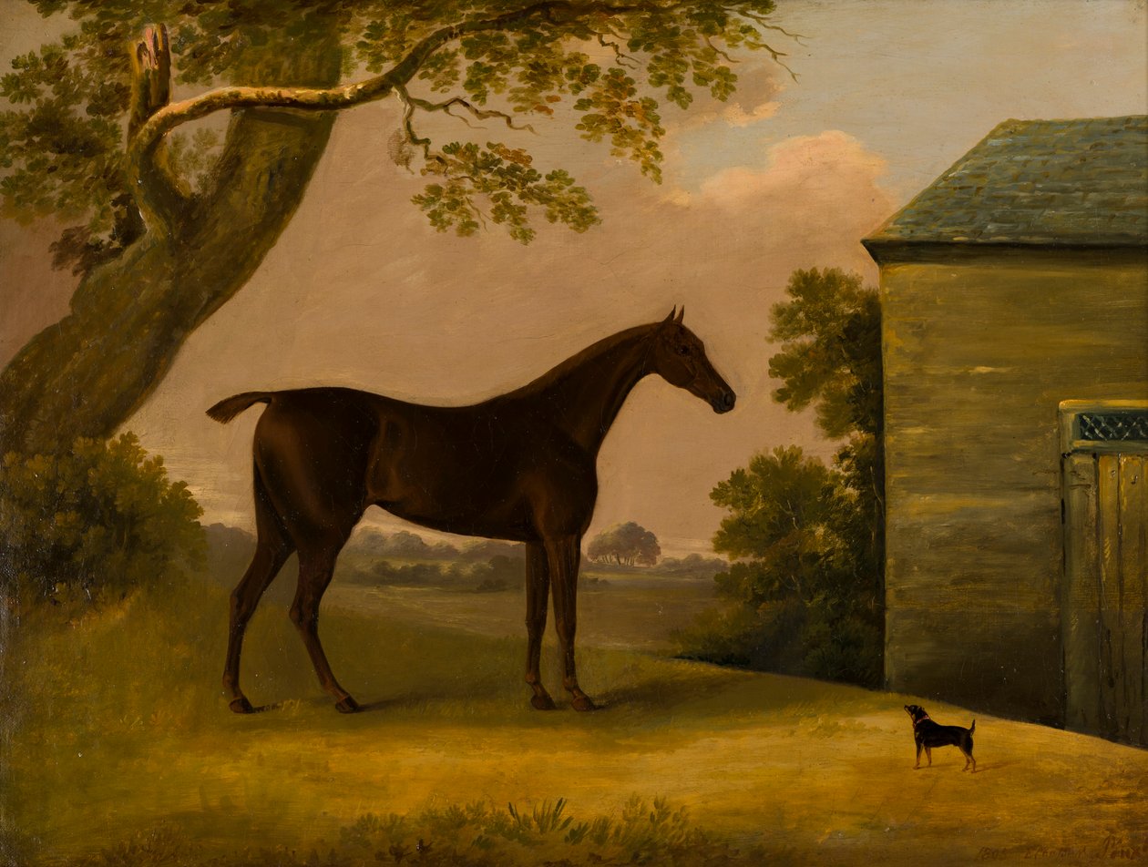 Bay Hunter en een terriër buiten een stal, ca. 1805 door Edwin W. Cooper
