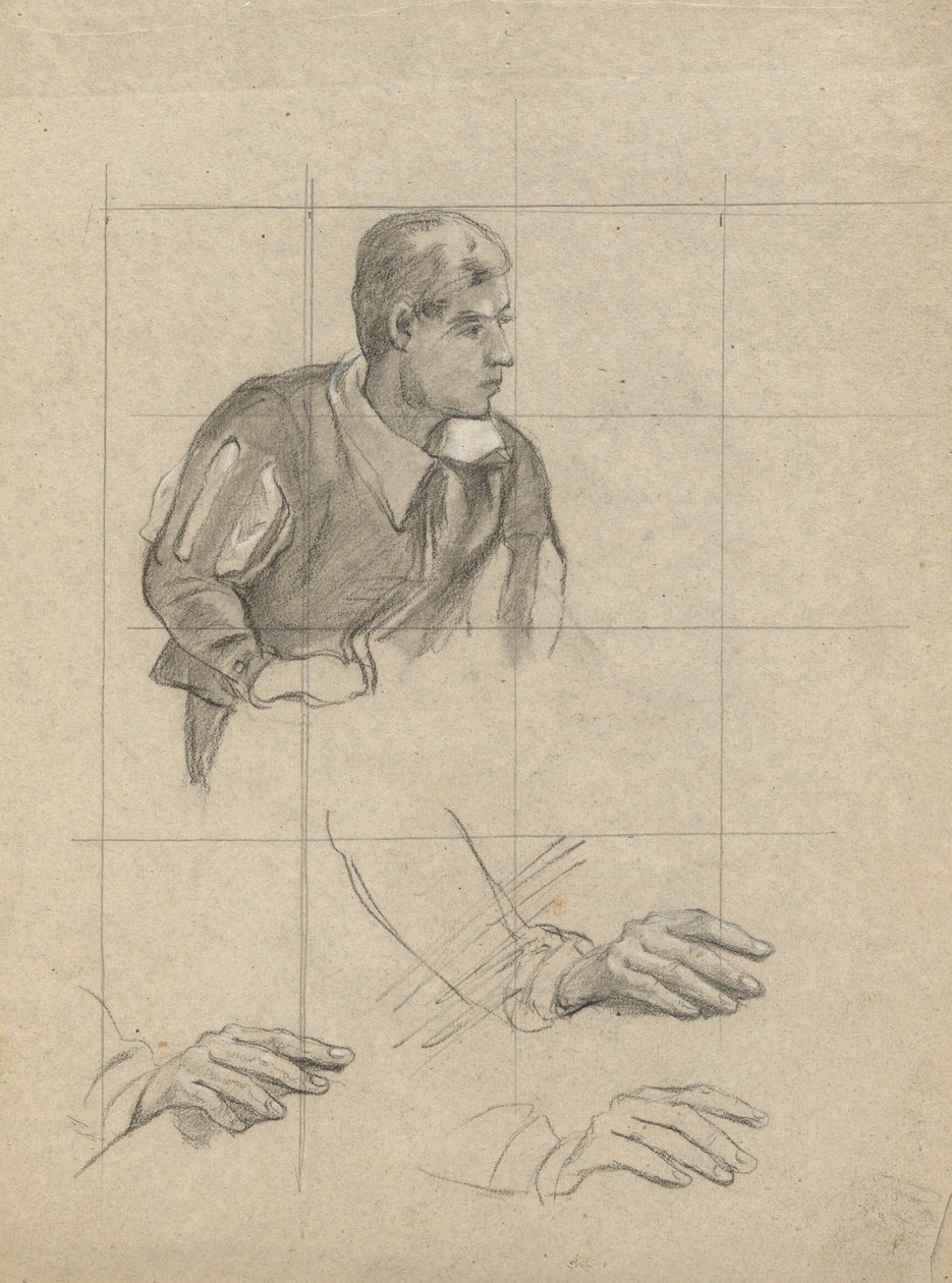 Zittende Man en Studie van Handen, schets voor Ondertekening van het Verdrag in de Hut van de Mayflower door Edwin White