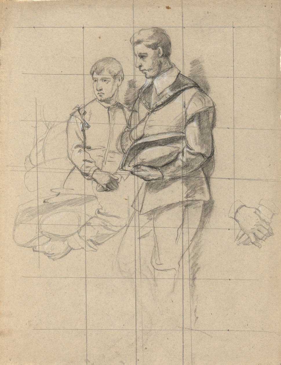 Twee figuren, schets voor Ondertekening van het Compact in de Hut van de Mayflower door Edwin White