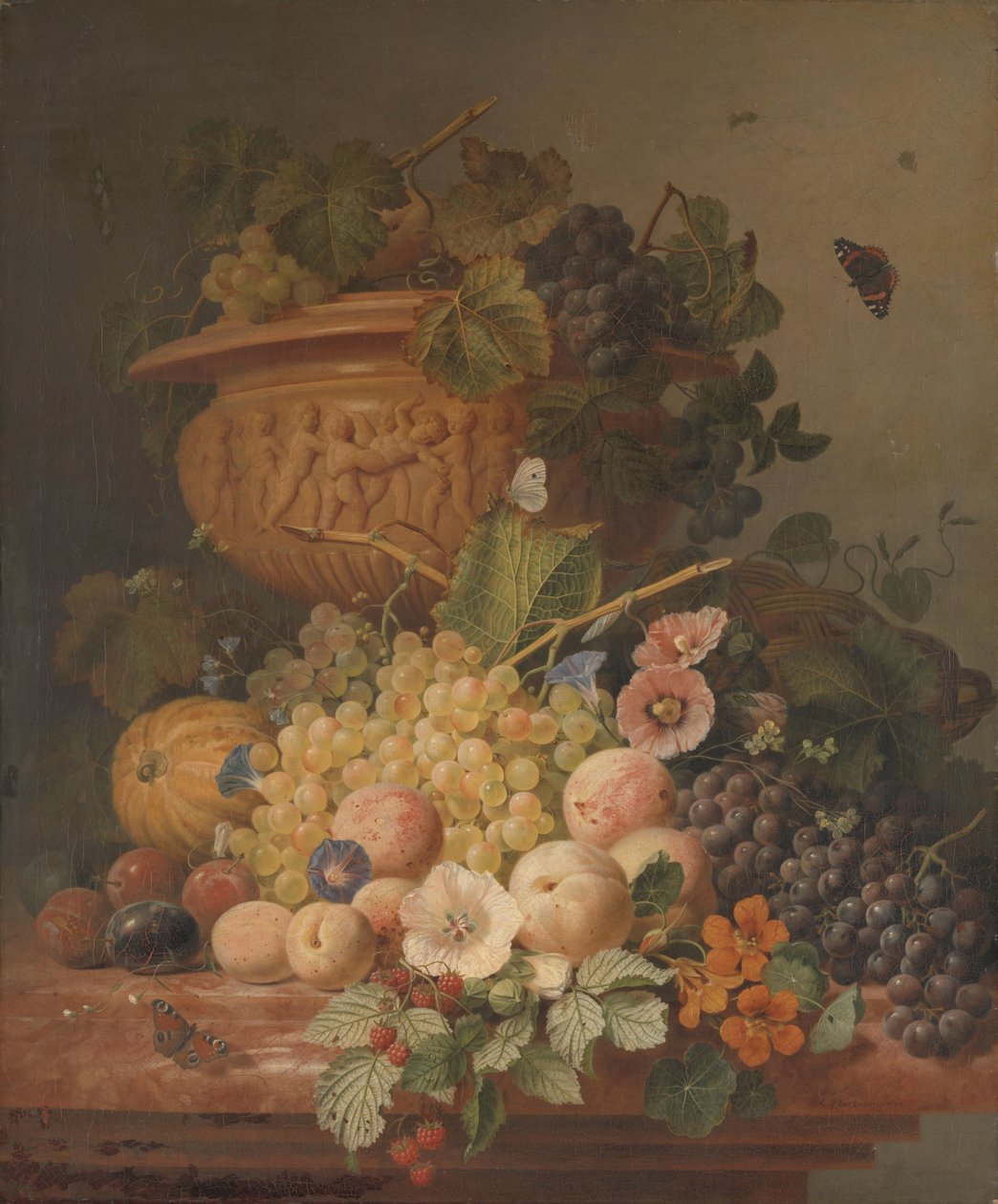 Stilleven met bloemen en fruit door Eelke-Jelles Eelkema
