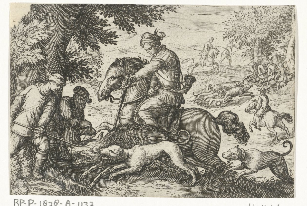 Heuvelachtig landschap met jacht op wilde zwijnen door Egbert Jansz.