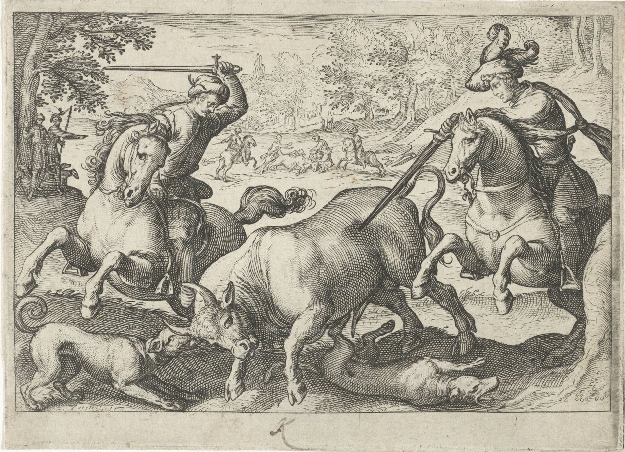 Landschap met jacht op stieren door Egbert Jansz.