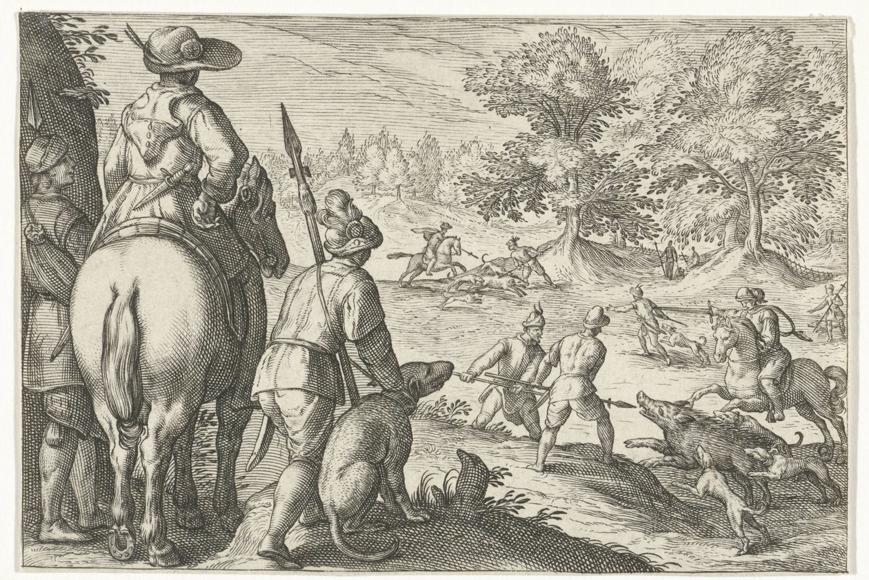 Landschap met jacht op wilde zwijnen door Egbert Jansz.