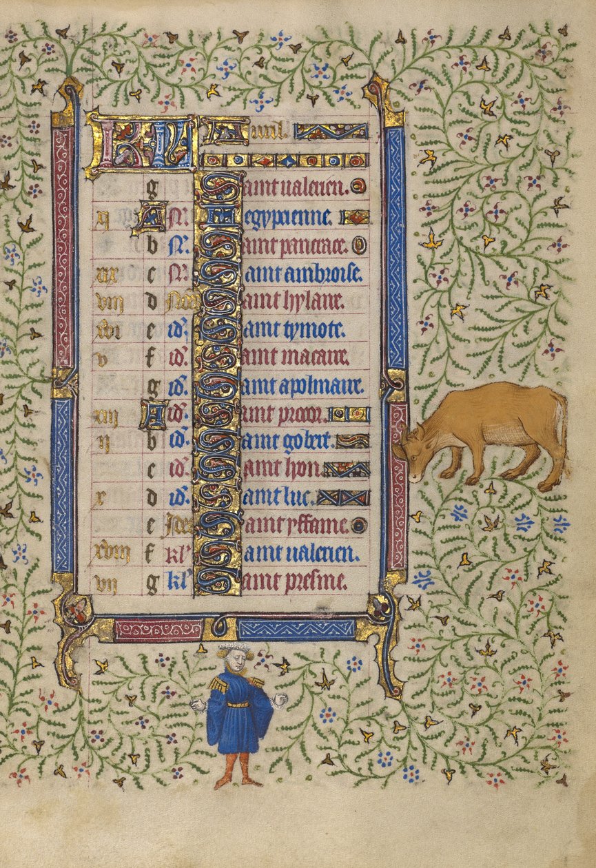 Kalenderblad voor april; Bloemen plukken; Stier door Egerton Master