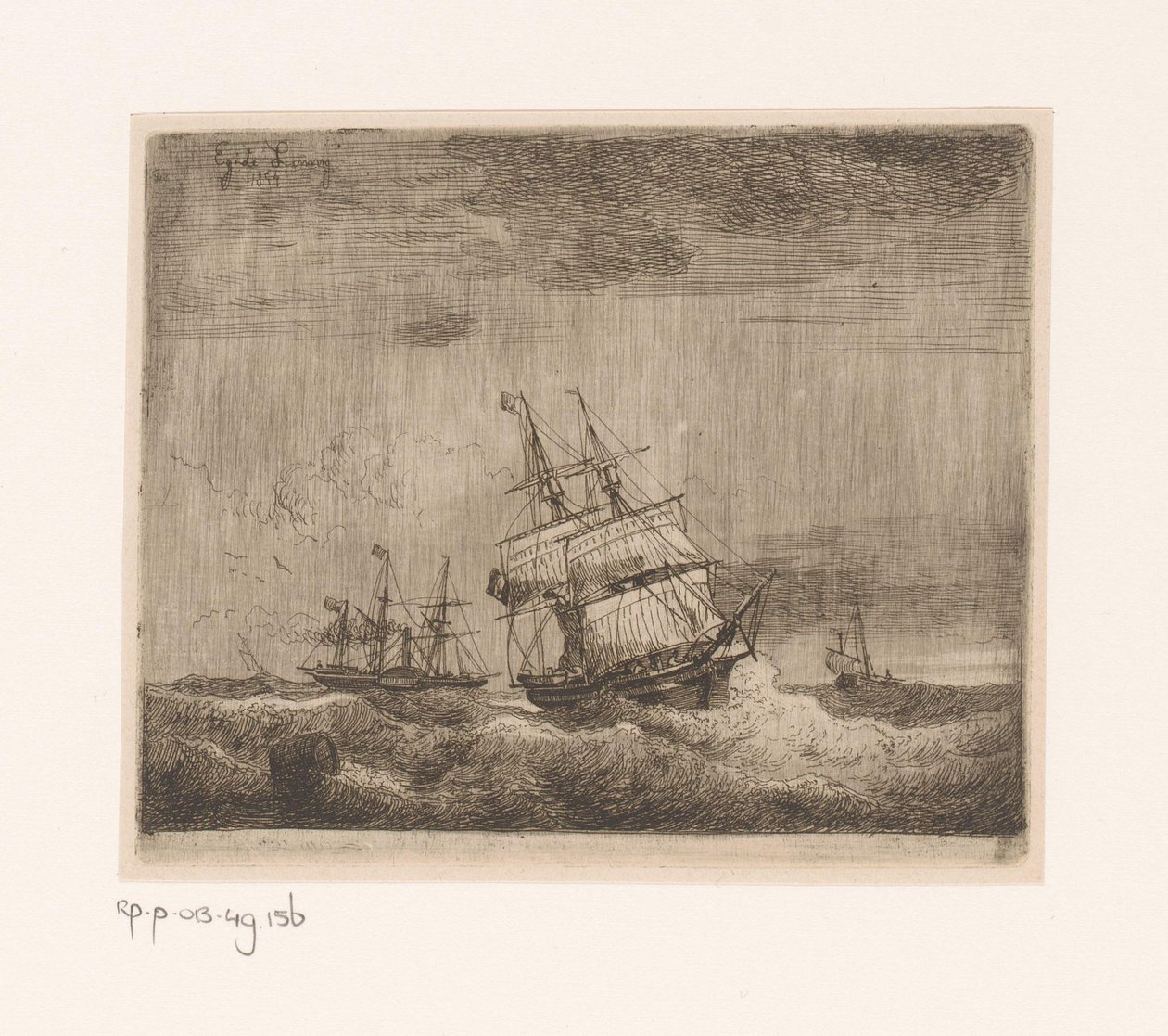 Zeilschepen en een raderstoomschip op zee door Egidius Linnig