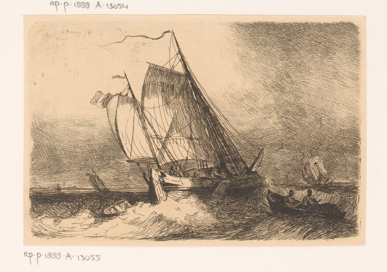 Zeilschepen en een roeiboot op onrustige zee door Egidius Linnig
