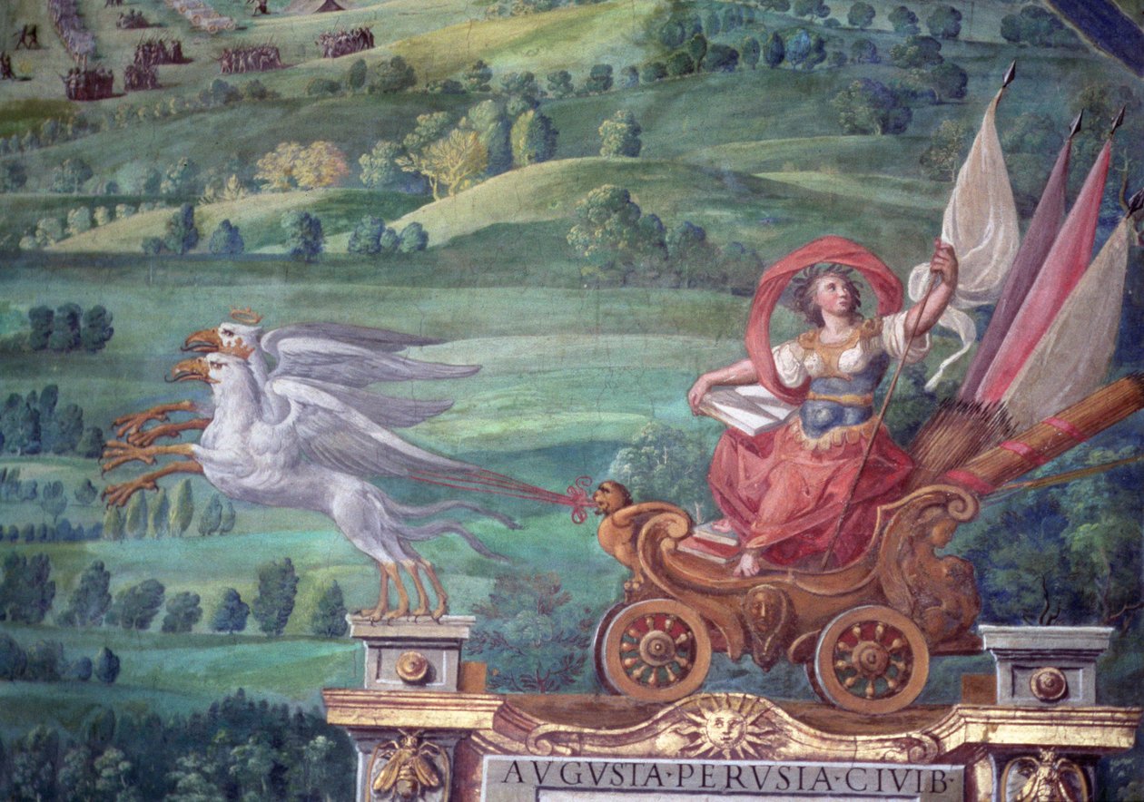 Wagen getrokken door griffioenen (detail) door Egnazio Danti