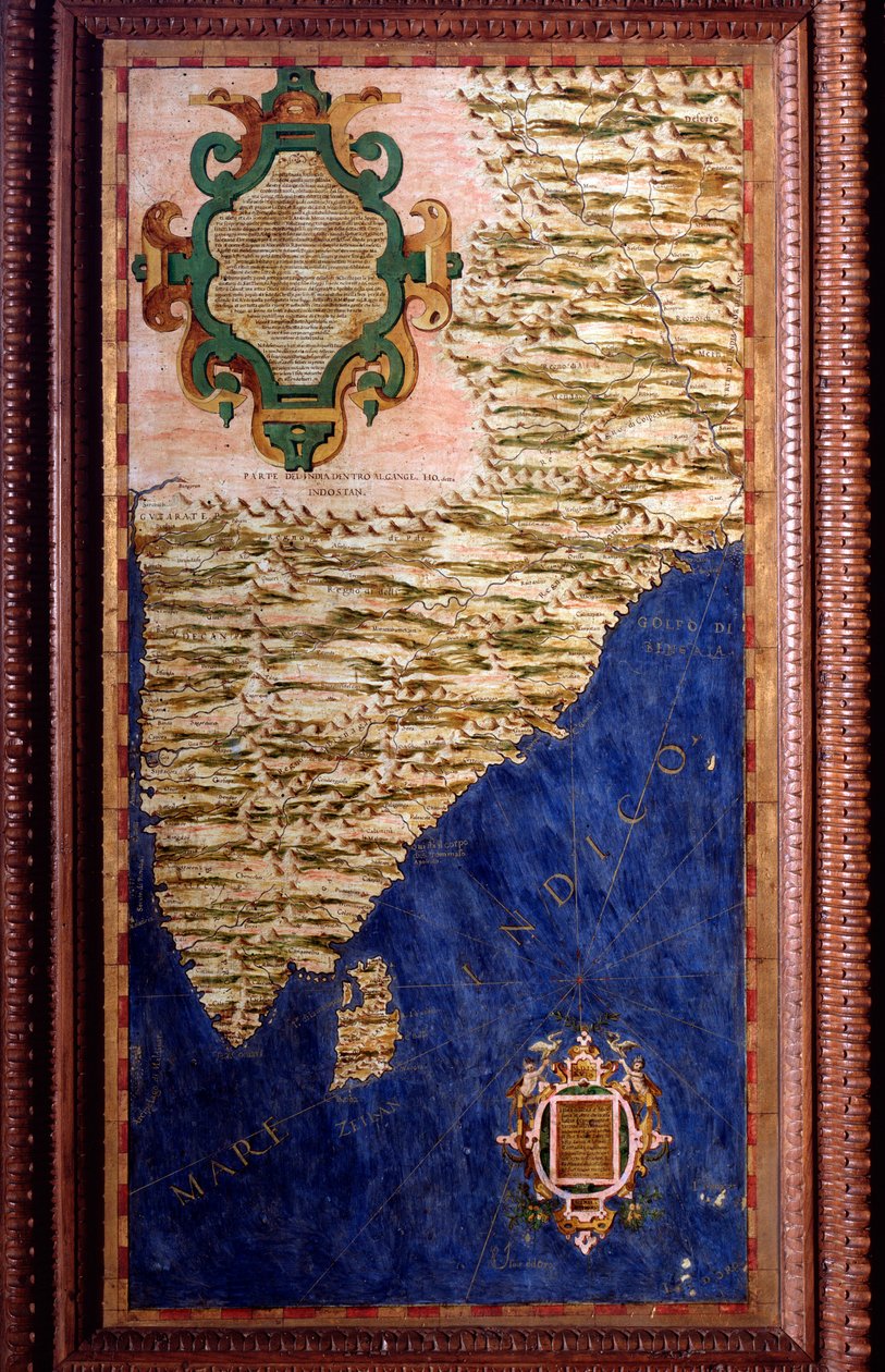 India Kaart gemaakt door Egnazio Danti (1536-1586) wiskundige, kosmograaf en Italiaanse architect. Rond 1567. Florence, Palazzo Vecchio, Sala del Mappamondo door Egnazio Danti