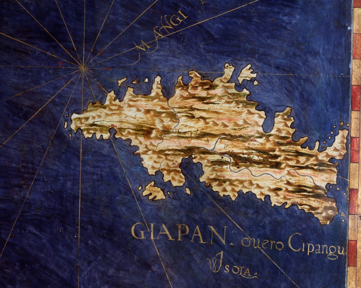 Japan (Cipangu of Cypango) Kaart gemaakt door Egnazio Danti (1536-1586) wiskundige, kosmograaf en Italiaanse architect. Rond 1567. Florence, Palazzo Vecchio, Sala del Mappamondo door Egnazio Danti