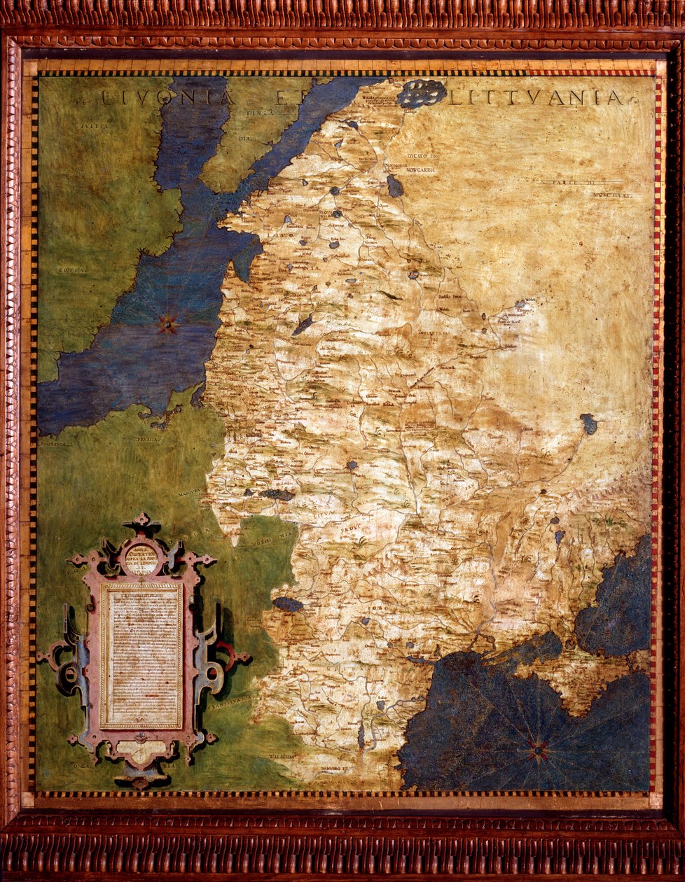 Livonia aan de Oostzee, en Litouwen Kaart door Egnazio Danti (1536-1586) wiskundige, kosmograaf en Italiaanse architect. Rond 1567. Florence, Palazzo Vecchio, Sala del Mappamondo door Egnazio Danti