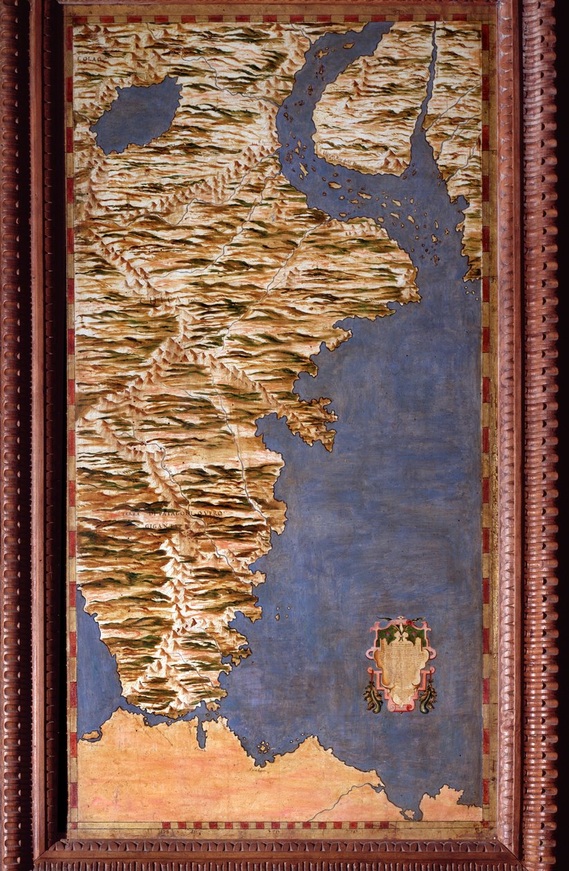 Kaart van Straat Magellaan gemaakt door Egnazio Danti (1536-1586) wiskundige, kosmograaf en Italiaanse architect. Rond 1567. Florence, Palazzo Vecchio, Sala del Mappamondo door Egnazio Danti