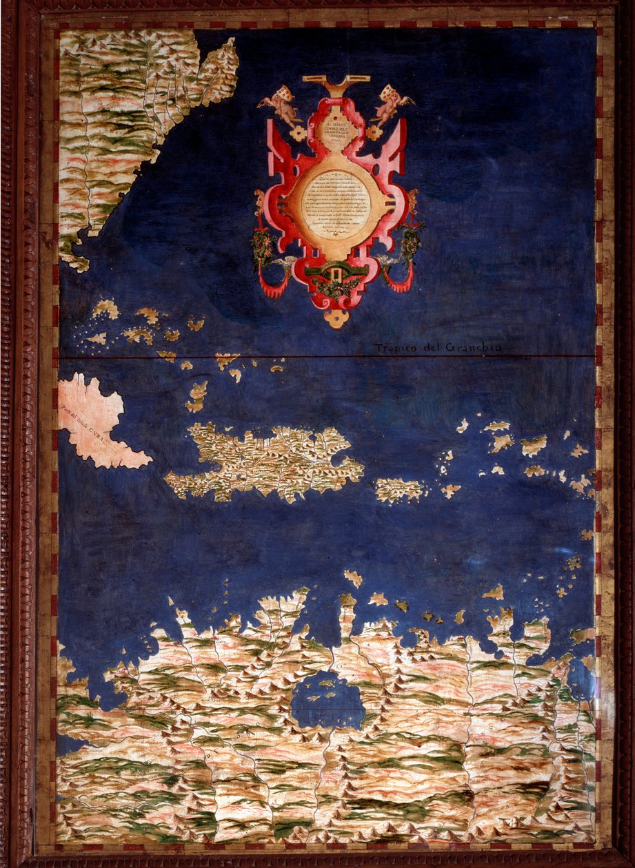 Santo Domingo of Hispaniola Kaart gemaakt door Egnazio Danti (1536-1586) wiskundige, kosmograaf en Italiaanse architect. Rond 1567. Florence, Palazzo Vecchio, Sala del Mappamondo door Egnazio Danti