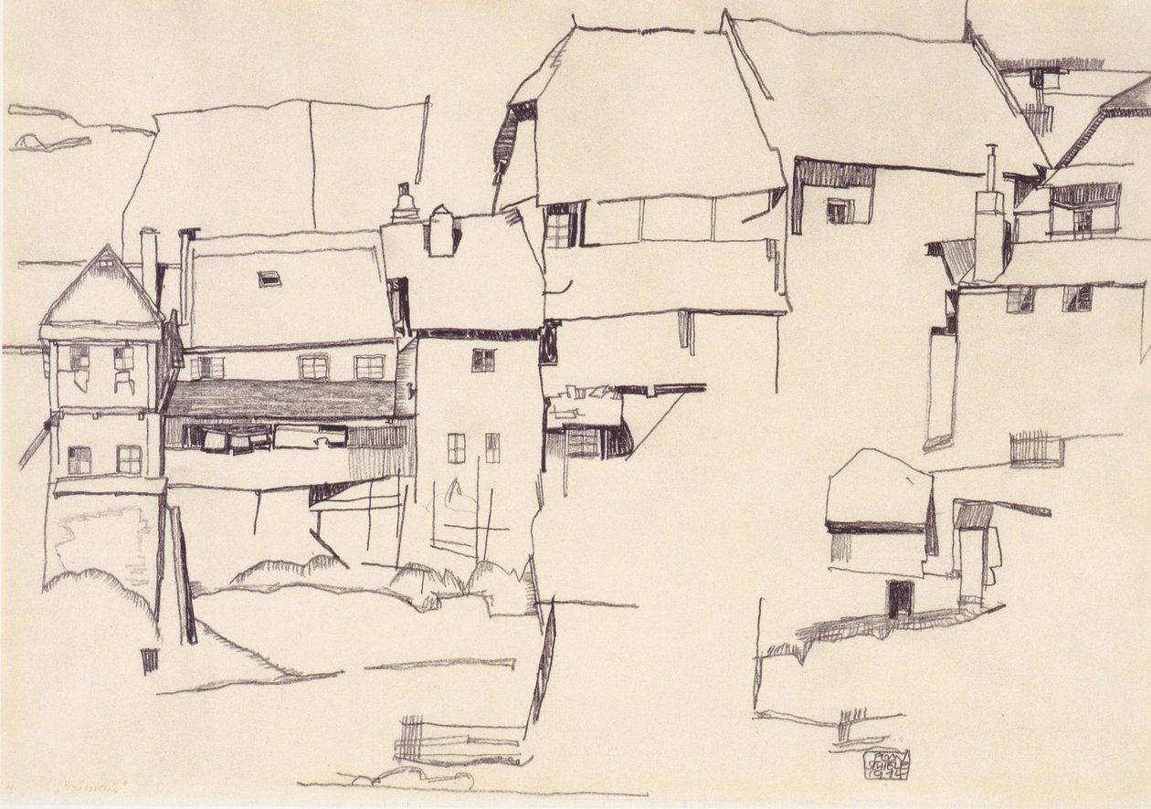 Oude huizen in Krumau door Egon Schiele