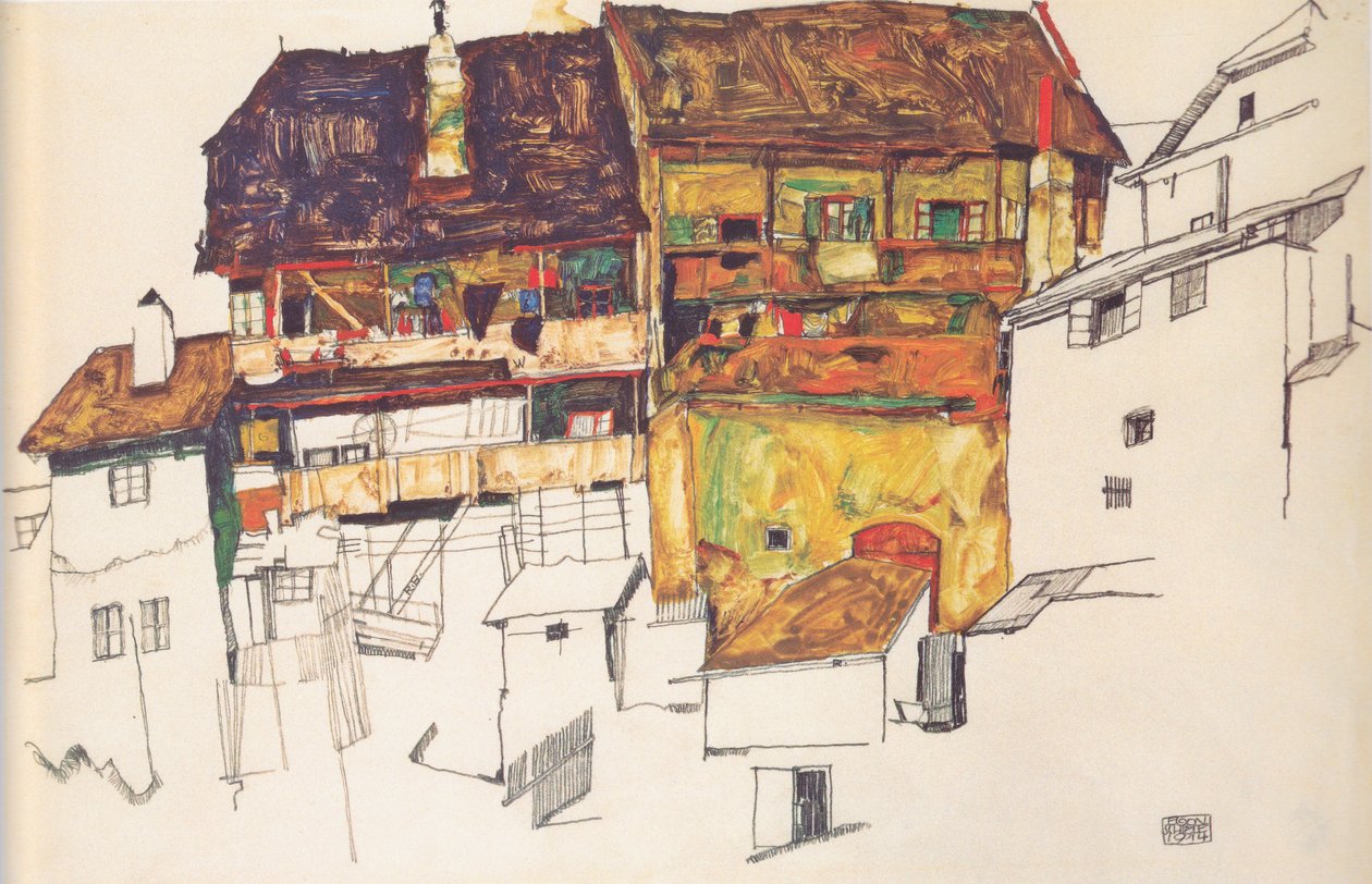 Oude huizen in Krumau door Egon Schiele