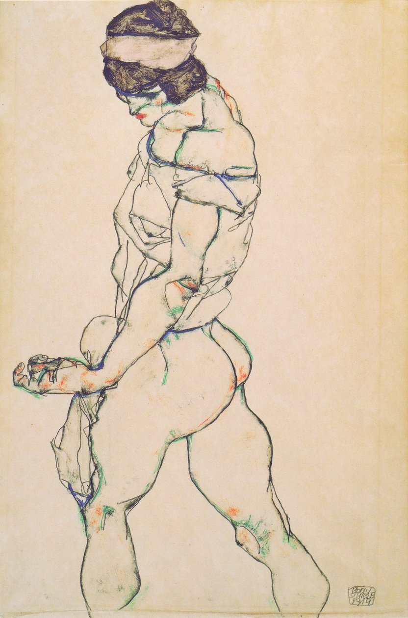 Naar links lopende vrouwennaakt door Egon Schiele