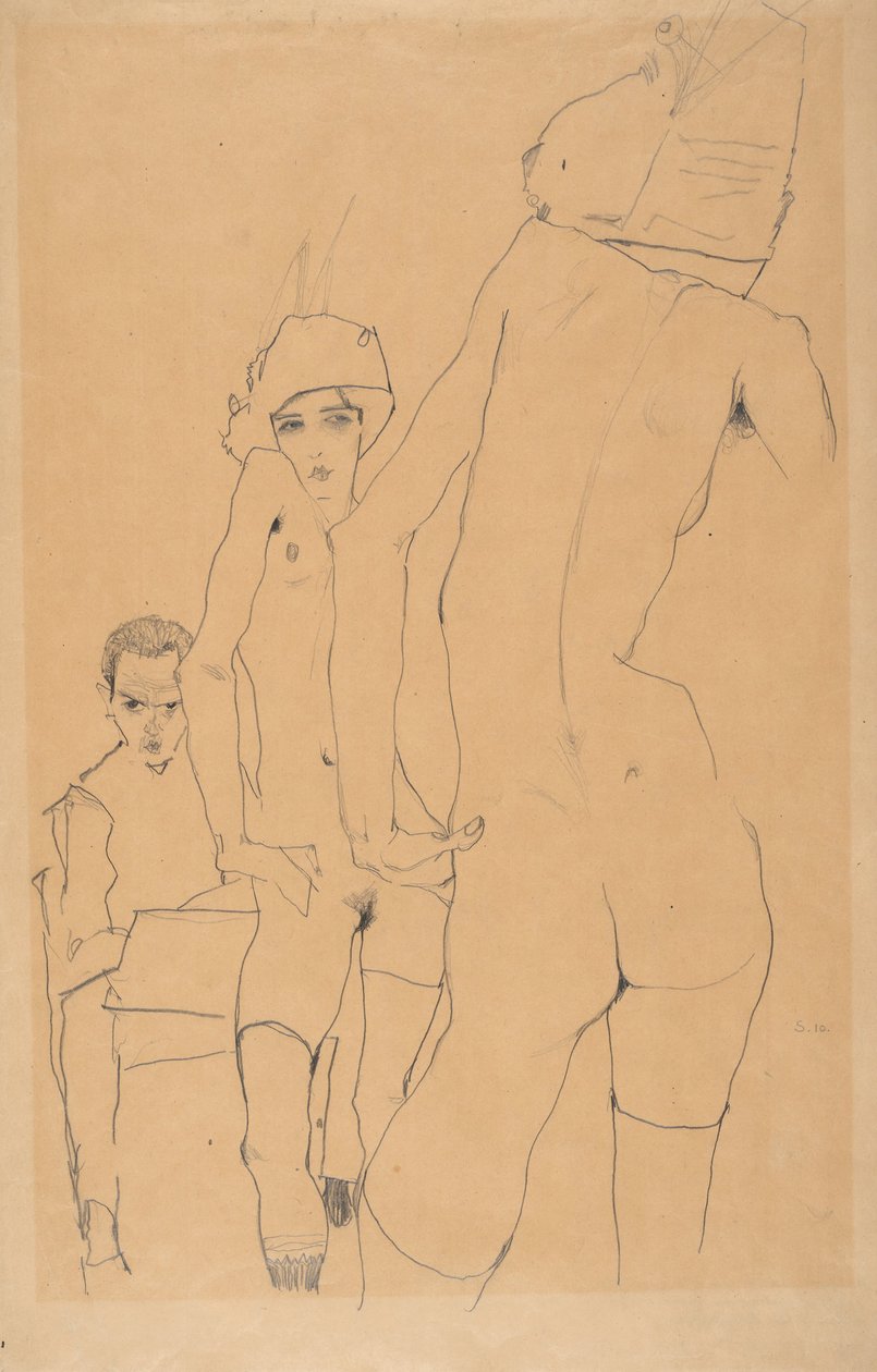 Schiele met naakt model voor de spiegel, 1910 door Egon Schiele