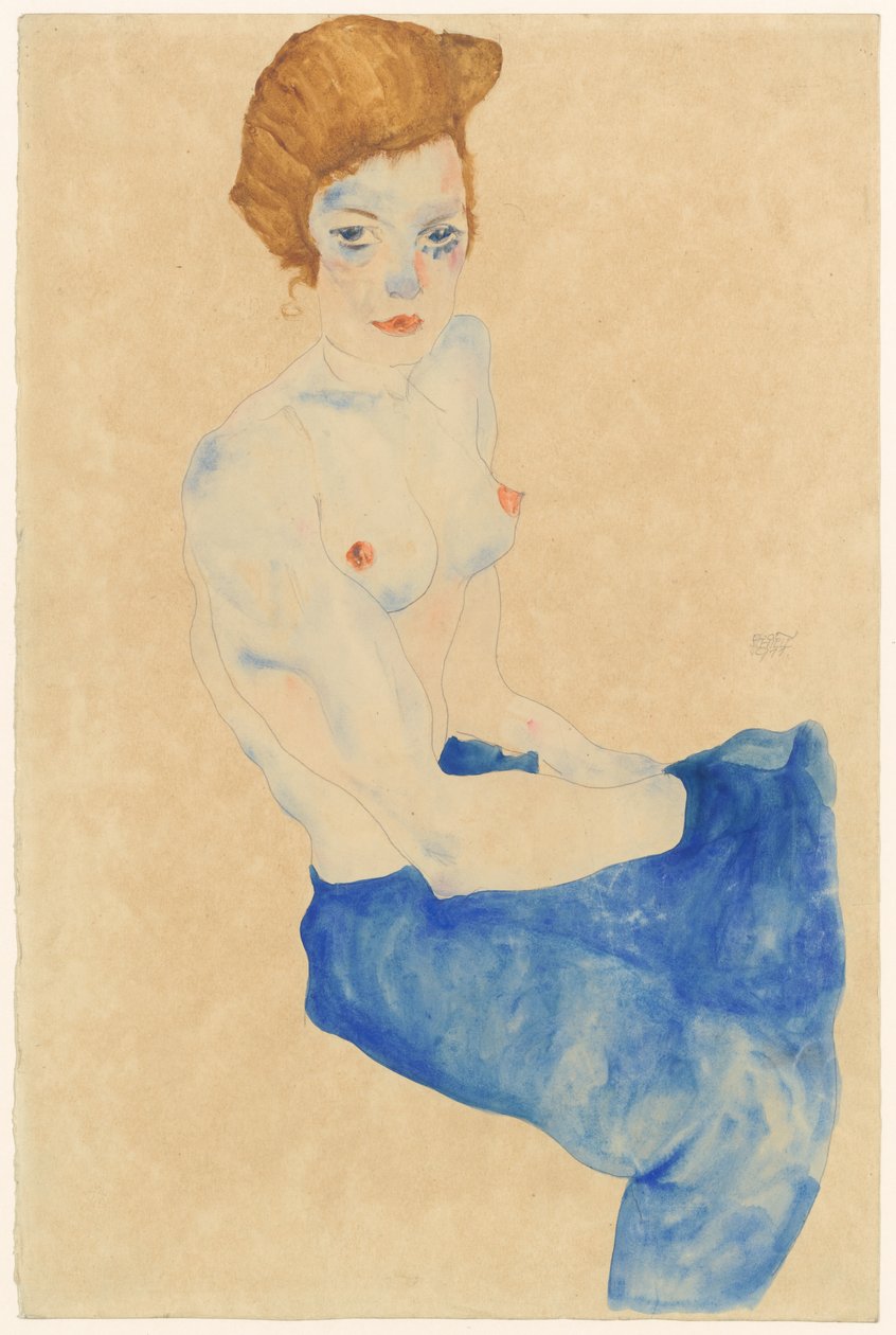 Zittende blauwe naakt door Egon Schiele