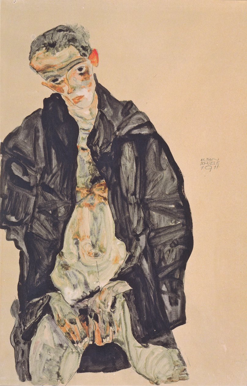 Zelfportret als halfnaakt in zwarte jas door Egon Schiele