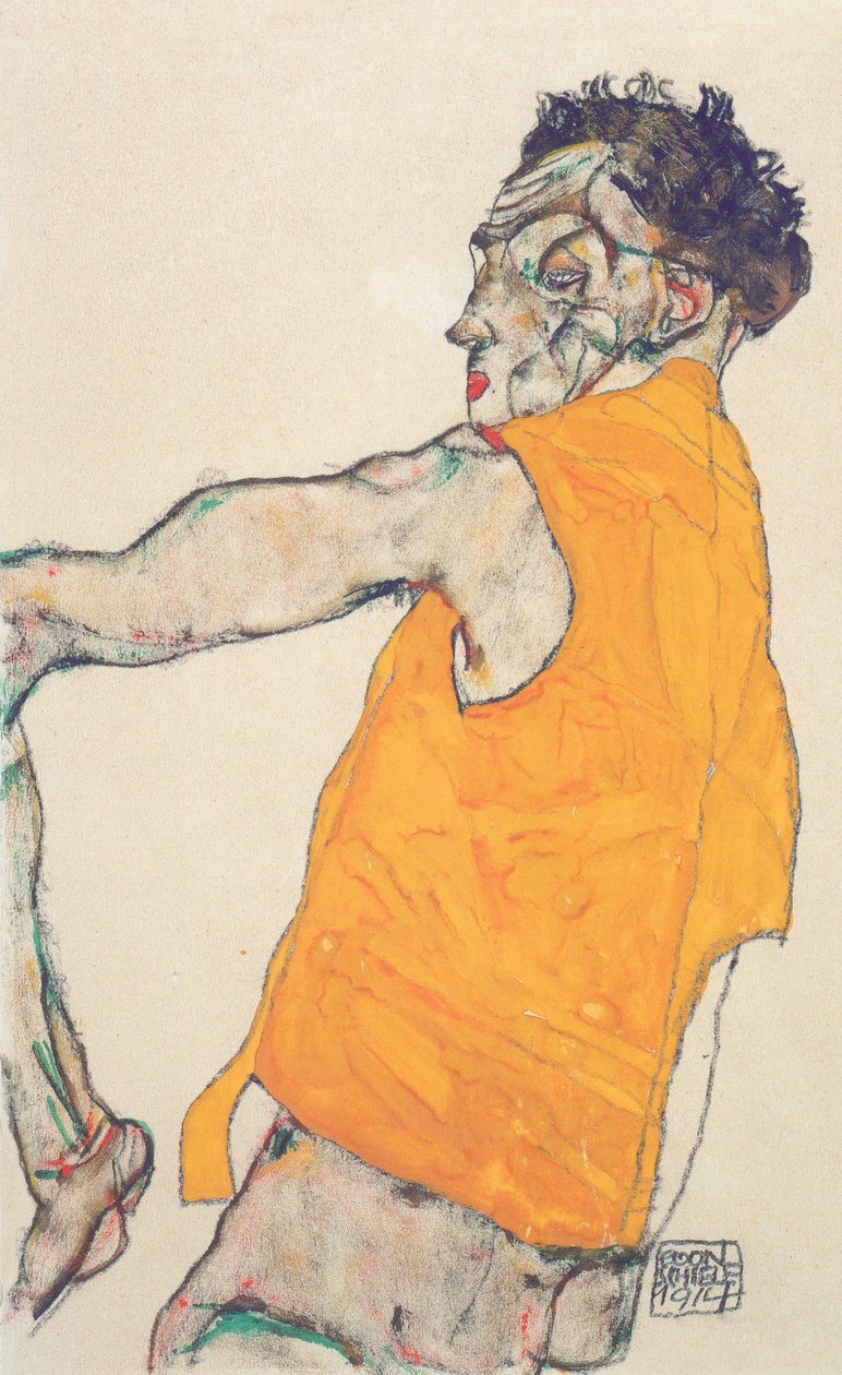 Zelfportret in gele vest door Egon Schiele