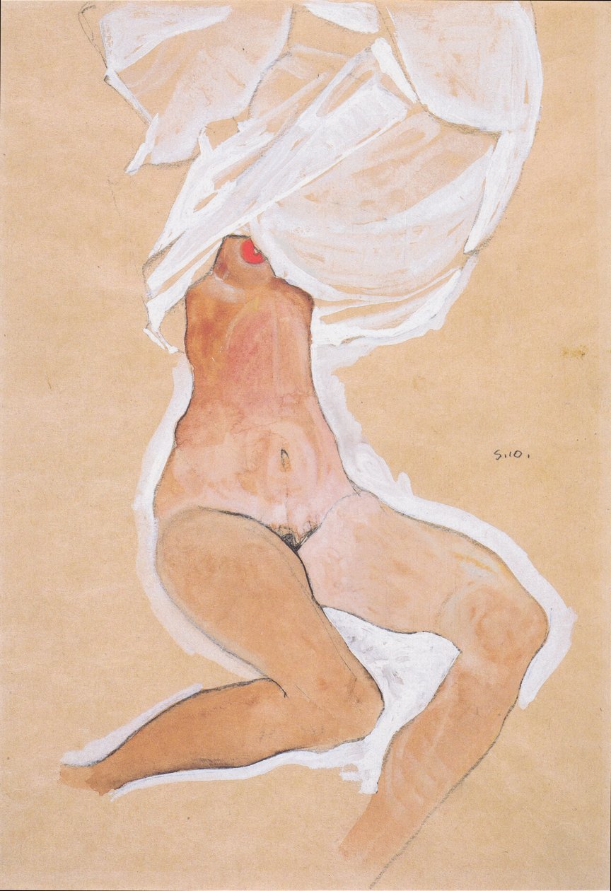 Zittend naakt meisje met hemd over het hoofd door Egon Schiele